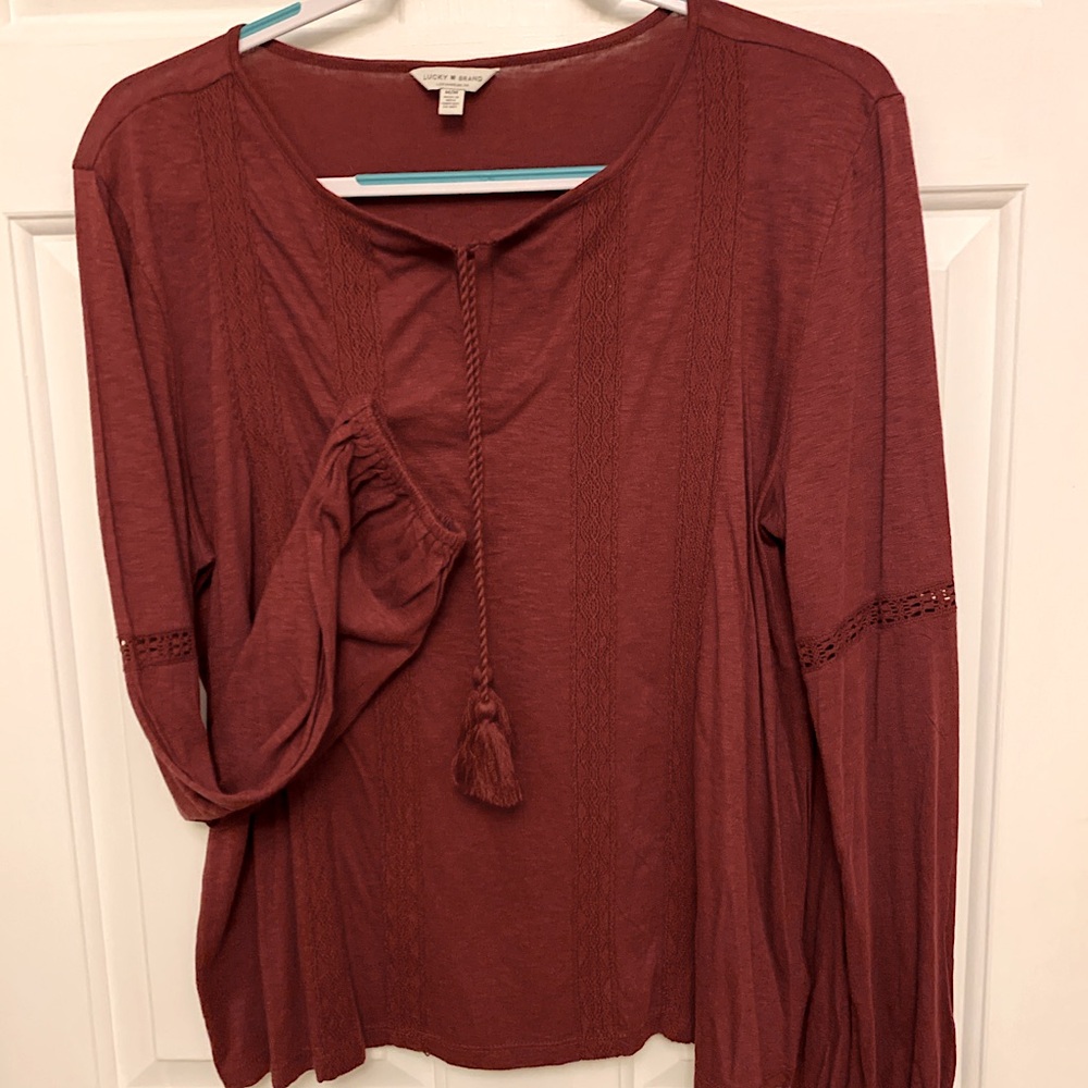 Lucky Brand Notch Neck Peasant top size M Burgundy Red perfect year round top
